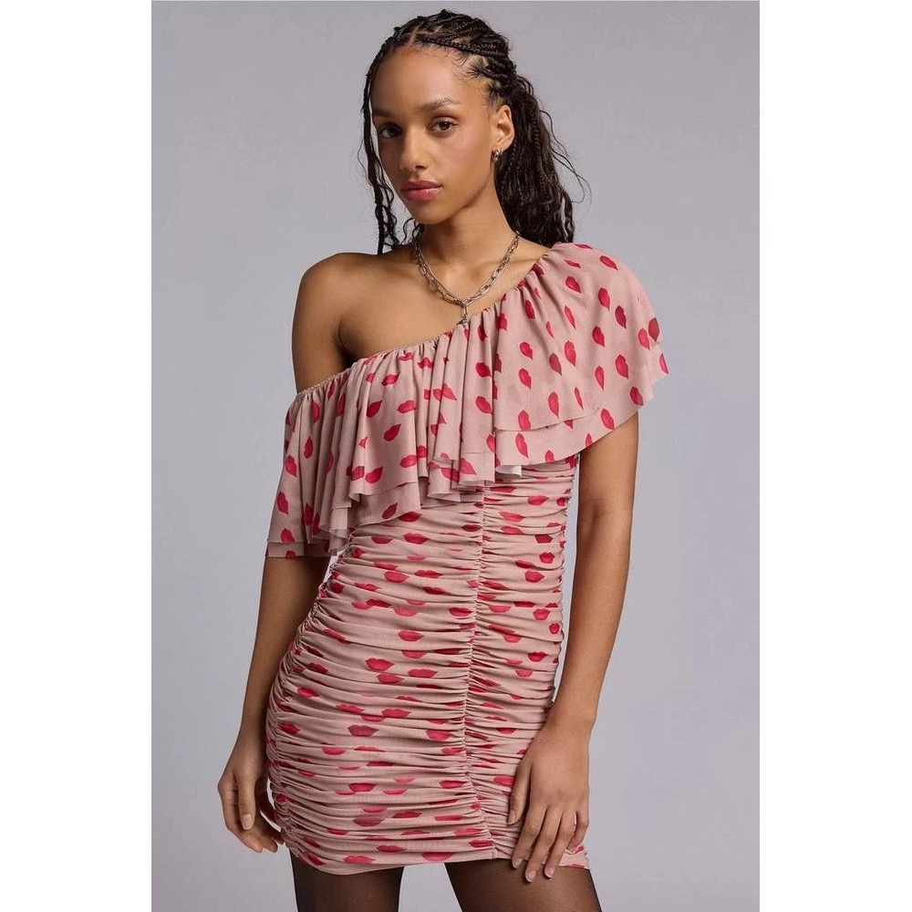 New AFRM Vivian Almond Kiss‎ One Shoulder Ruched Mini Dress Size L